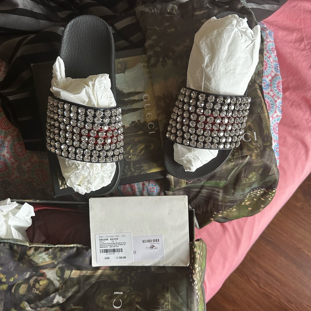 Gucci Black Slides with Crystal Embellishments